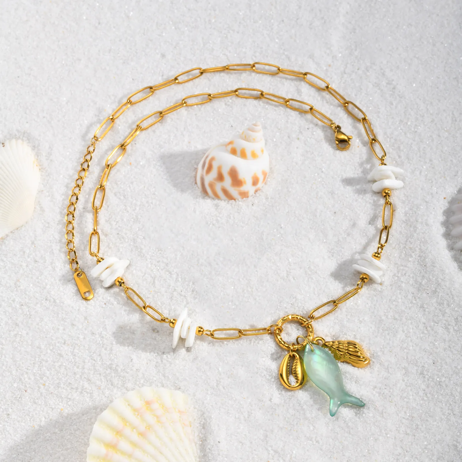 

Vnox New Boho Gold Plated Paperclip Chain Shellfish Conch Fish Charms Pendant Necklace Waterproof Hoilday Beach Jewelry