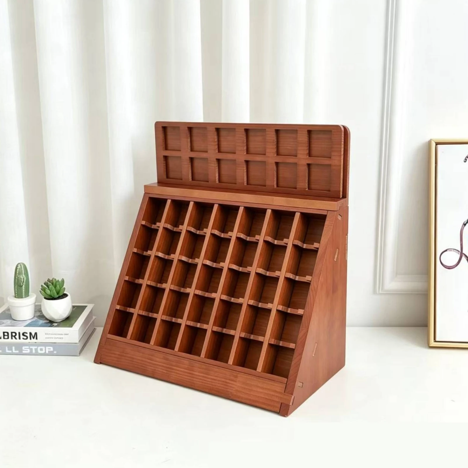 Floor-Standing Grid Display Rack Walnut-Colored Wooden Display Rack Organizer Compact Sturdy for Collectors, Shop Counter