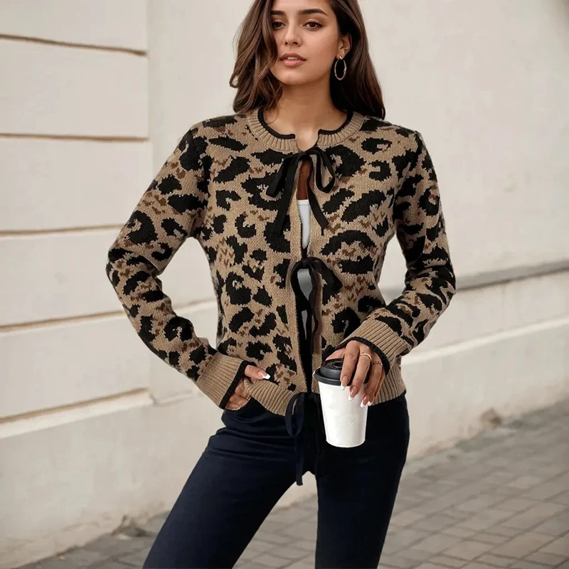 New Women's Knit Cardigan Sweater Retro Printed Hollow Out Patchwork Bow Lace-Up Knitwear Cardigan Slim Crew Neck Short Coats image 2