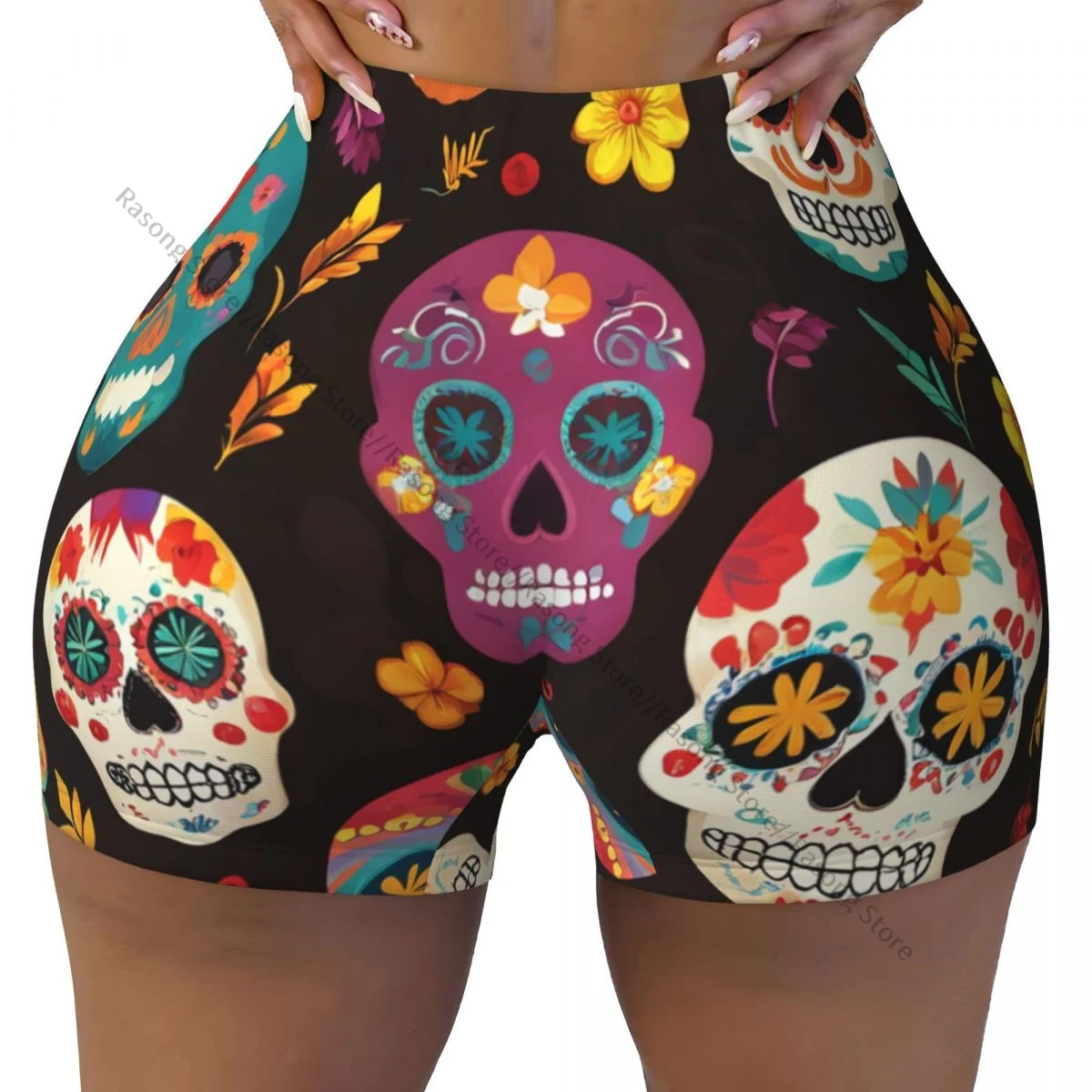 Yoga Shorts Day Of The Dead Pattern Women Biker Tight Elastic Workout Sports Leggings Sportswear