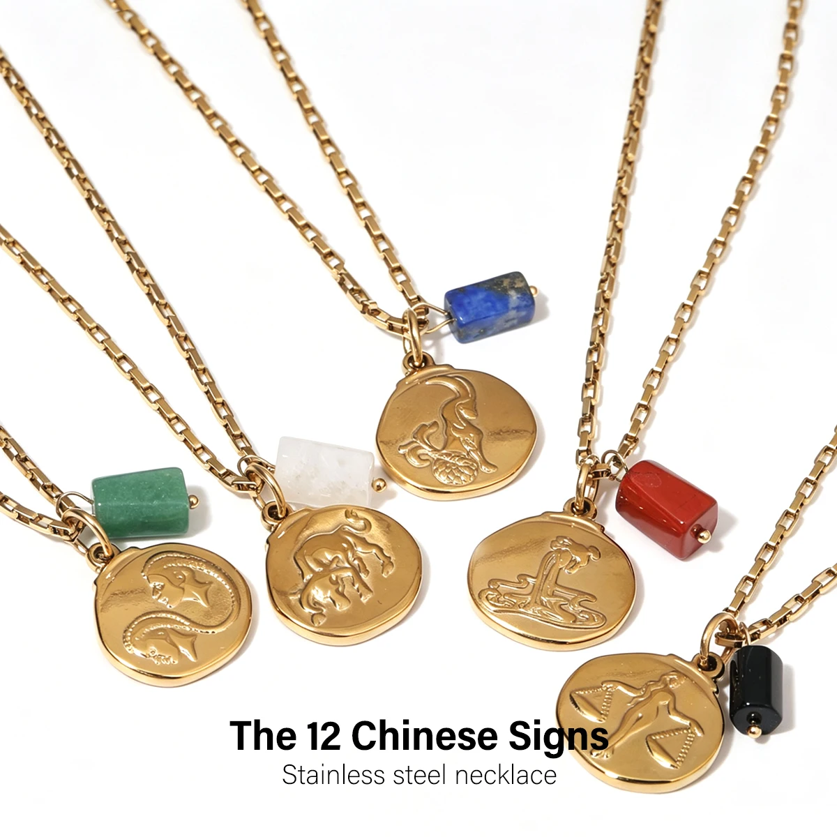 12 Constellation Birthstone Pendant Necklace 18K Real Gold Plated 304 Stainless Steel Link Cable Chain Disc Jewelry Gift 45cm