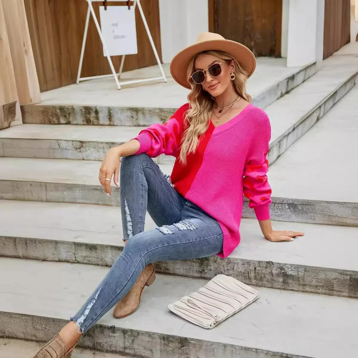 

2025 New Women's Spring Autumn Sweater Top Color Blocked Leopard Print V-neck Pullover Female Casual Soft Comfy Knitted Top