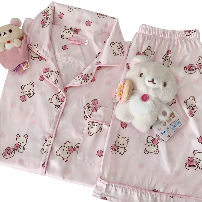 Conjuntos de pijamas rosas Rilakkuma Korilakkuma, ropa de dormir, oso de Anime, ropa bonita Kawaii para primavera y verano para mujeres y adolescentes