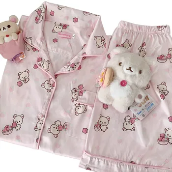 Rilakkuma Korilakkuma 핑크 잠옷 세트 Loungewear 잠옷 애니메이션 곰 봄 여름 Kawaii 여성용 귀여운 옷 Teen Girl