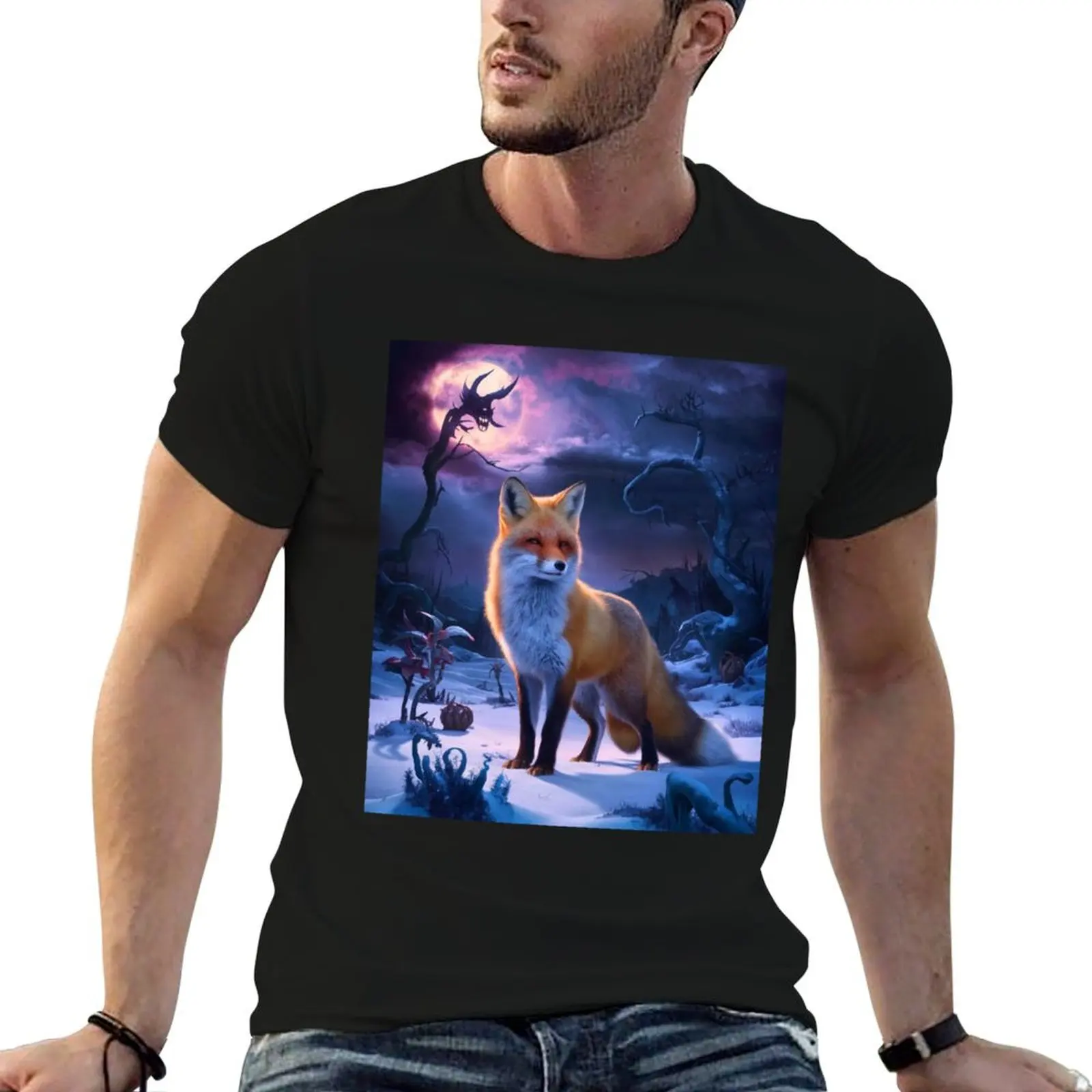 Retrato de Raposa. Camiseta masculina estilo Hieronymus Bosch com estampa de raposa de inverno, raposa nevada, raposa vintage, pintura de raposa.