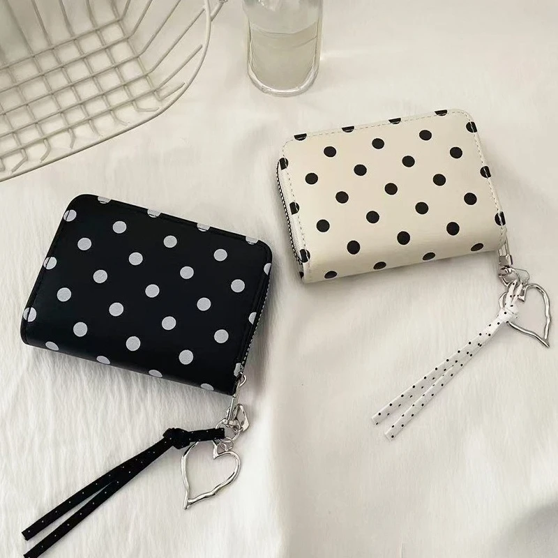 New Women's Dot Print Wallet Cute Heart Pendant Girls Korean Style Card Holder Wallet Purse Clutch