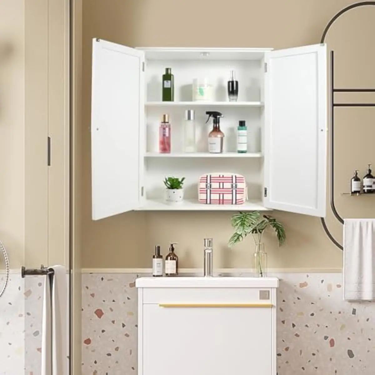 Wall-mounted engineered wood bathroom cabinet 27.6 inches wide with adjustable interior shelf moisture-resistant construction co