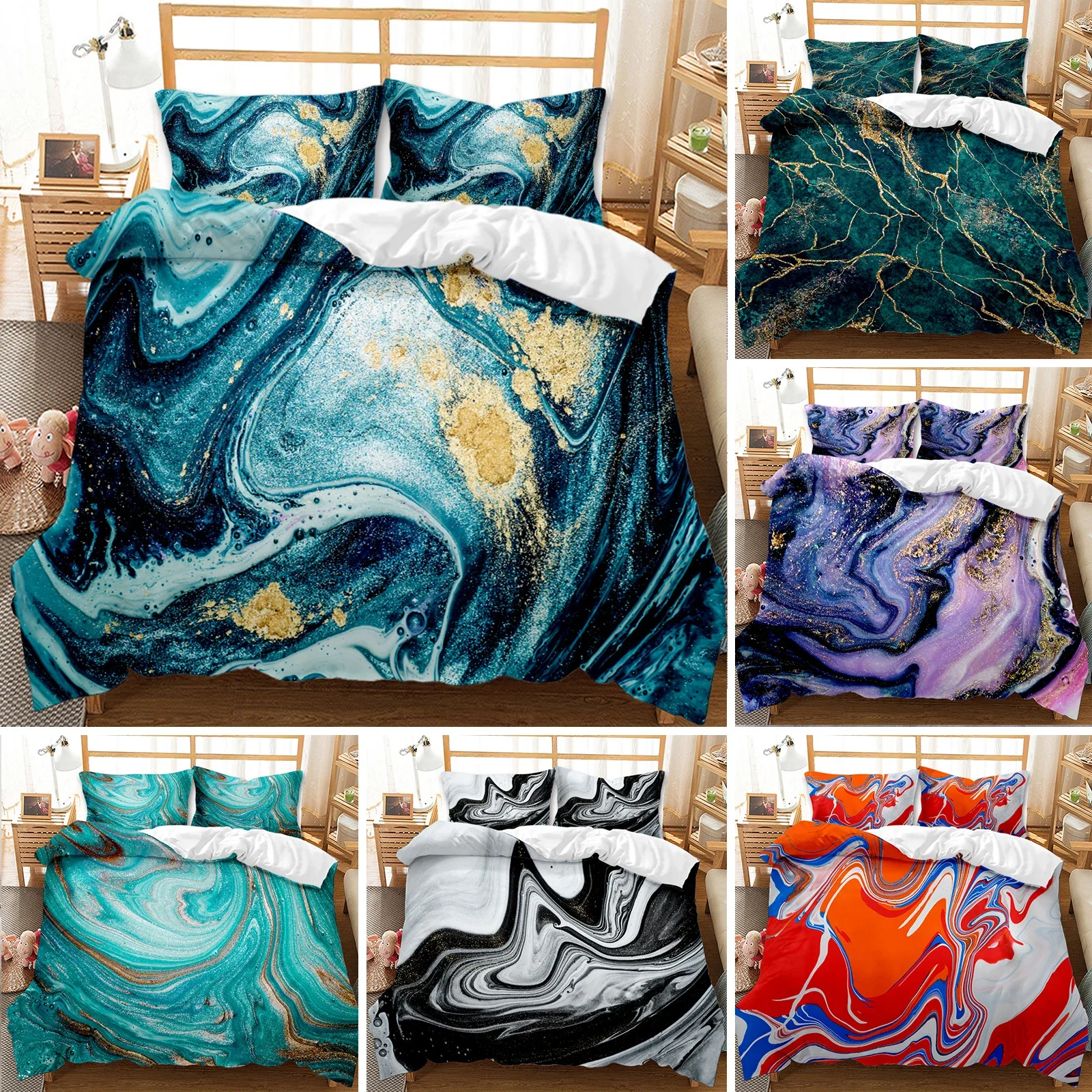 

Marble Duvet Cover Set Marble Bedding Set Blue Gold Abstract Texture Kid Bedclothes Double Queen King Size Polyester Quilt Cover