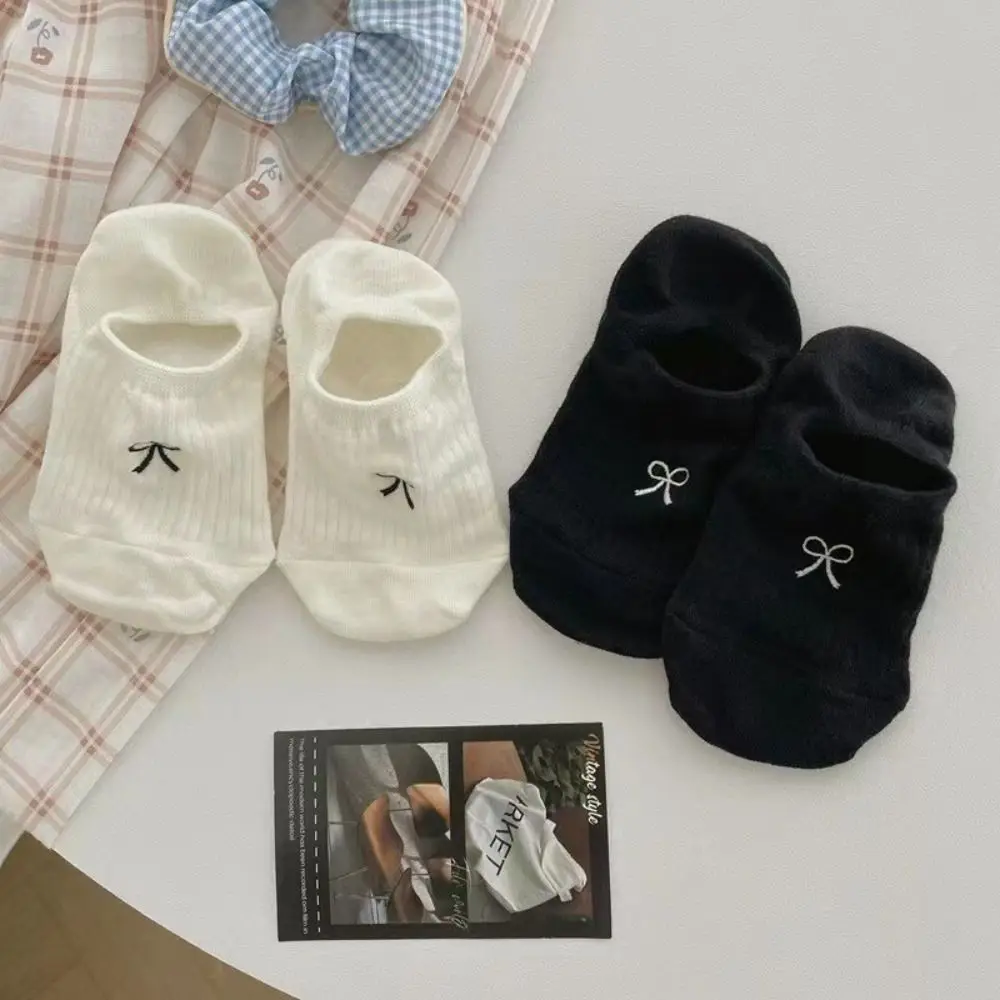 New Breathable Bowknot Socks Solid Color Y2K Short Socks Thin Cotton Boat Socks