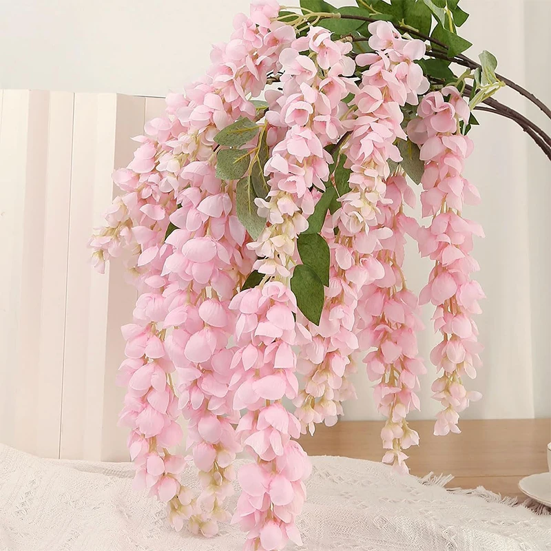 

1Pcs 108cm 5 Fork Silk Artificial Flowers Pink Hanging Vine Wisteria Garland for Wall Background Outdoor Home Wedding Decor