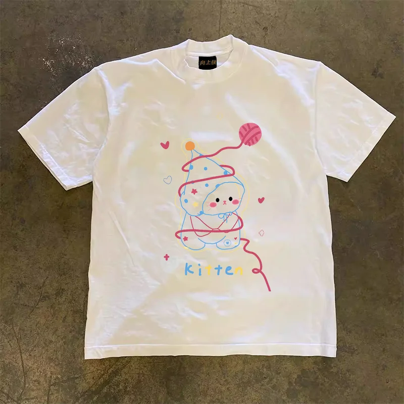 Upward Hero 3A260g Double Thread Pure Cotton Loose Fit Short Sleeve T-Shirt Unisex Summer Casual Creative Fun Print Tee