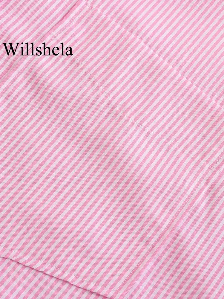 Willshela Women Fashion With Pocket Pink Striped Single Breasted Blouse Vintage Lapel Neck Long Sleeves Female Chic Lady Shirts