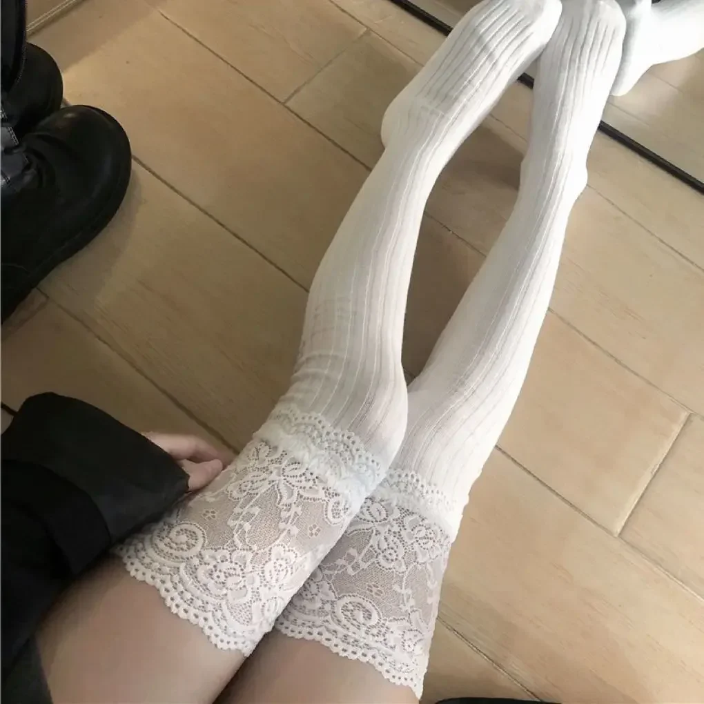 

4Pairs Girls Cute Gothic Lace White Black Bow Y2k Cosplay Stockings Women Mesh Japanese Style Lolita Knee Thigh High Long Socks