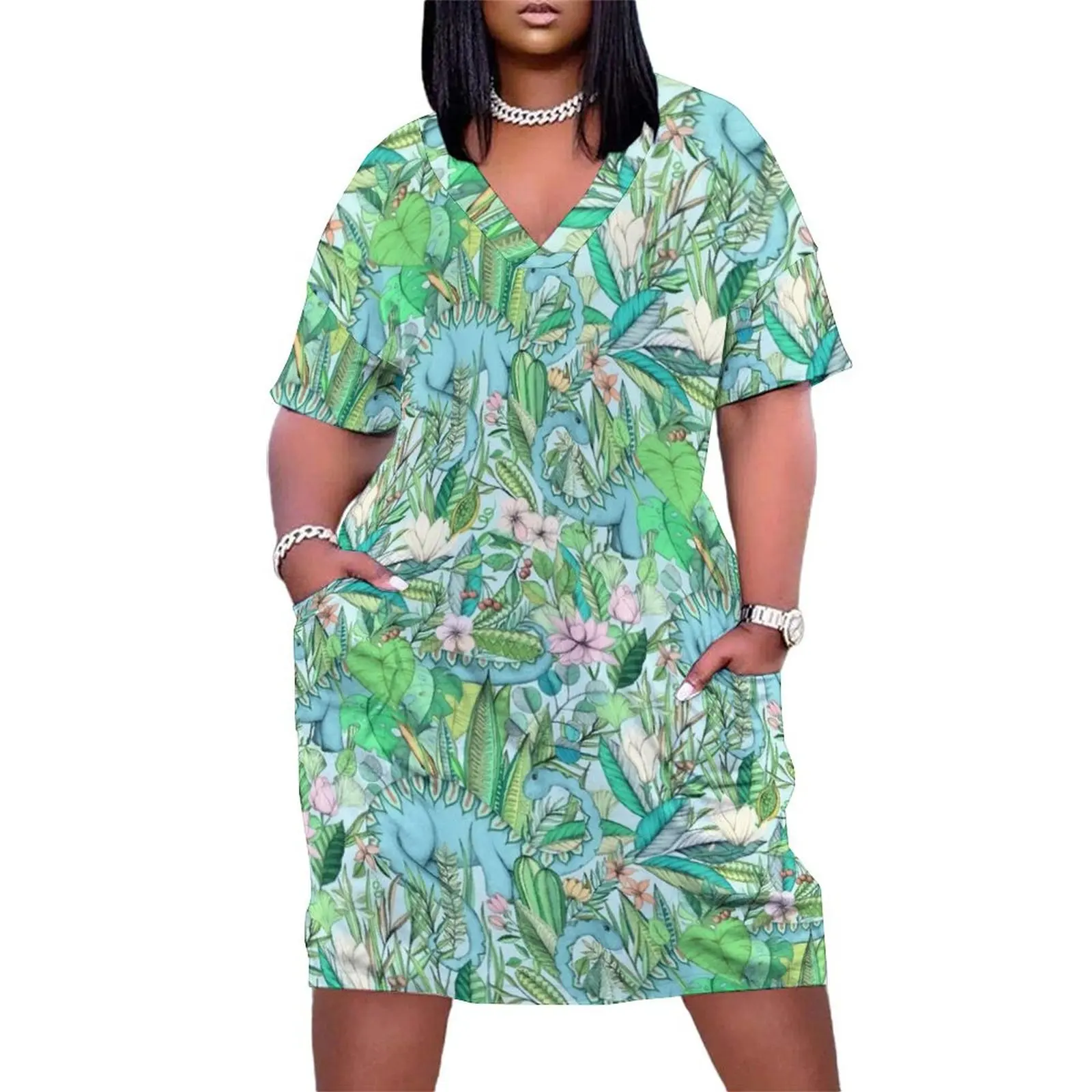 

Improbable Botanical with Dinosaurs - soft pastels Loose Pocket Dress dress summer