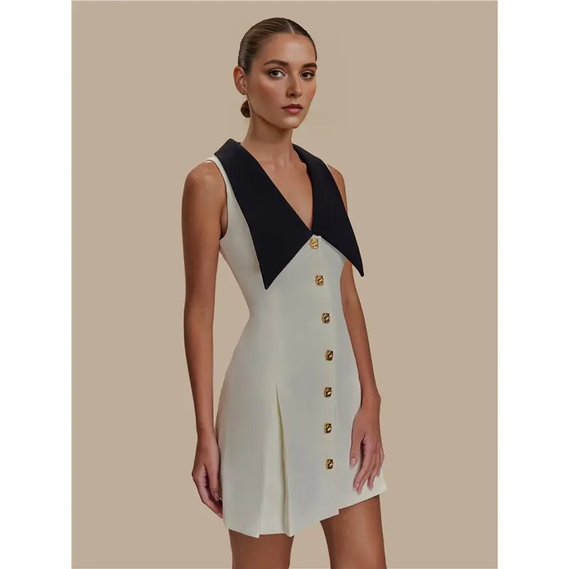 CYL-女性用エレガントミディドレス ノースリーブ 襟付き フィット＆フレア ボタン留め オフィスワーク、イブニング＆カジュアルドレス