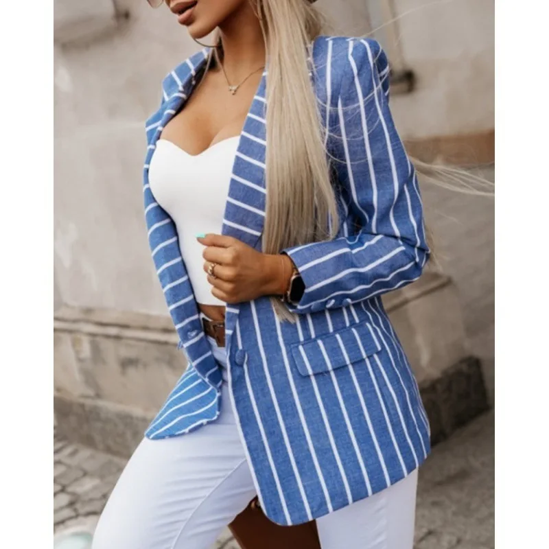 2023 New Autumn Fashion Stripe Suit Collar Panel Long Sleeve Temperament Commuting Slim Fit Small Suit Women's Casual Coat