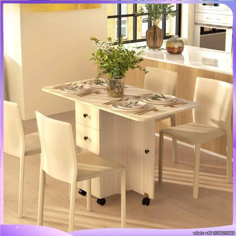 

Folding Dining Table with Wheels Swing Wings 2 Drawers Shelf Storage Space for Living Room Kitchen Up to 6 Seaters Space