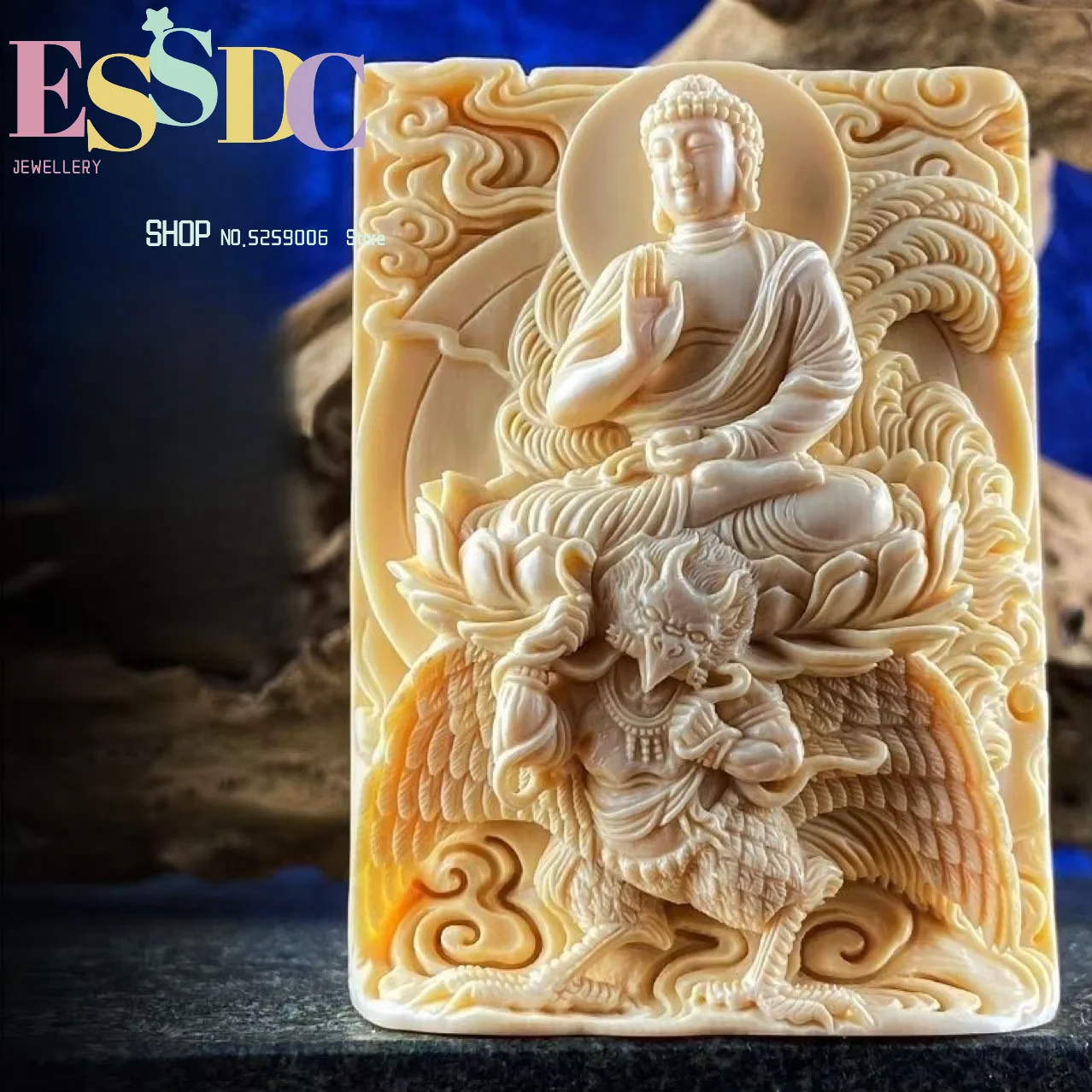 Original hand-carved mammoth ivory pendant brand with eight guardian gods and twelve zodiac signs sheep and monkey.