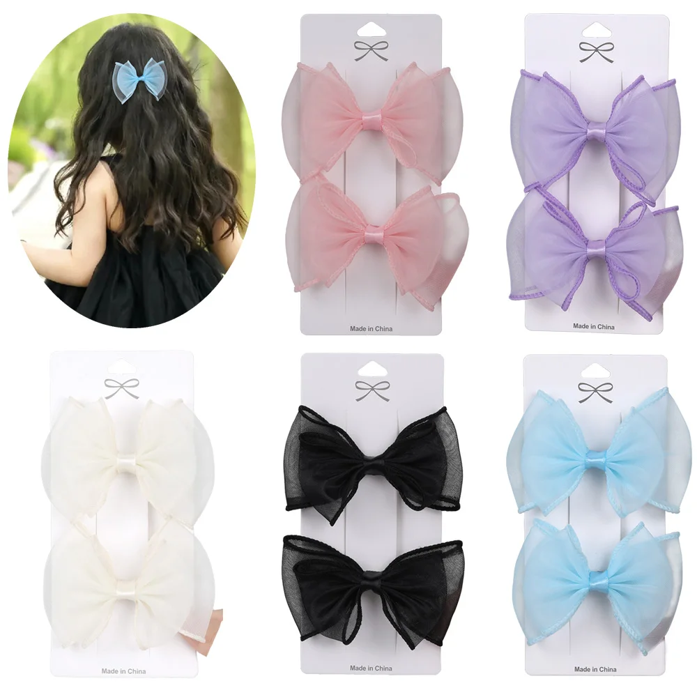 2Pcs Chiffon Bow Hair Clip Girls Bowknot Satin Hairpin Barrettes Pink Ponytail Clip  Headwear Hair Accessories Kids Gifts