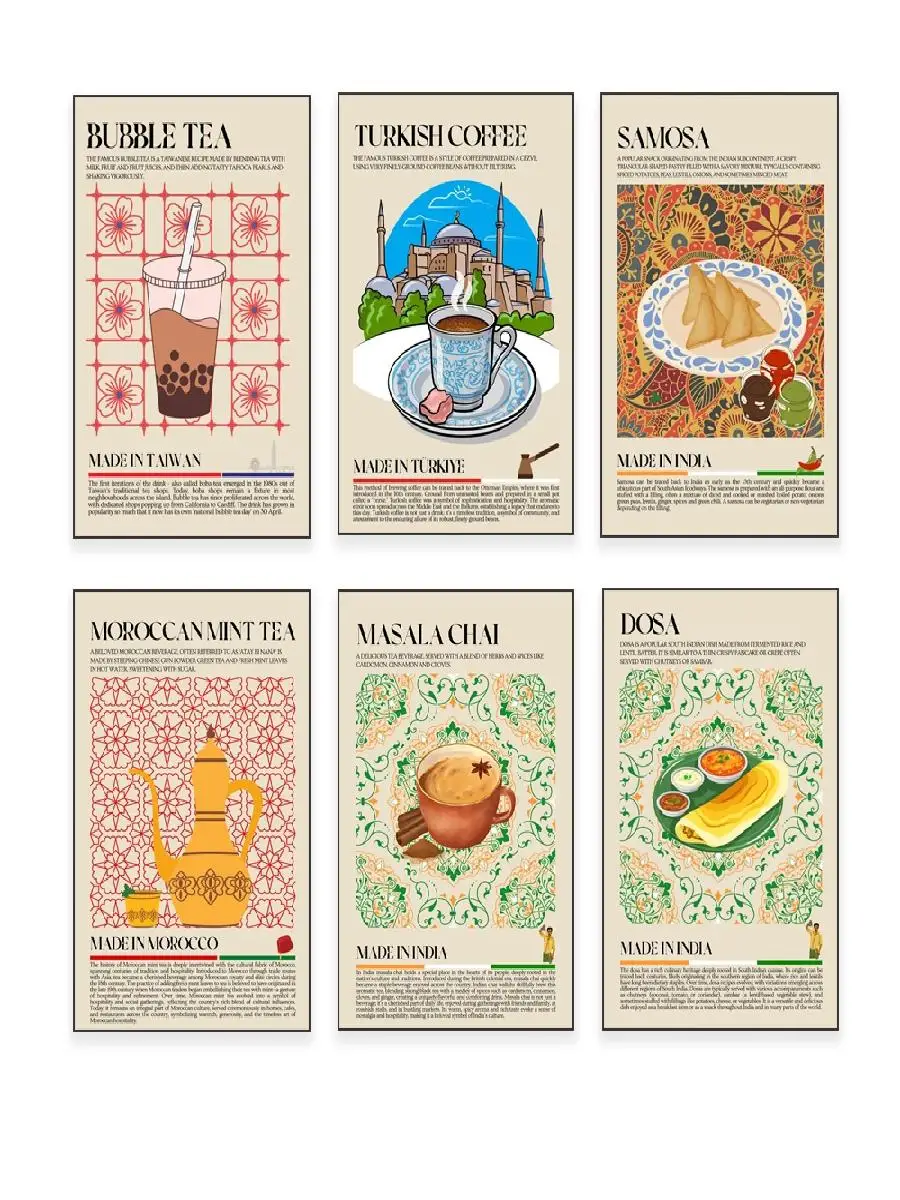 Global Street Food Kitchen Posters  Turkish Baklava Moroccan Mint Tea Cuban Coffee Masala Tea Bubble Tea Indian Street Food Egg