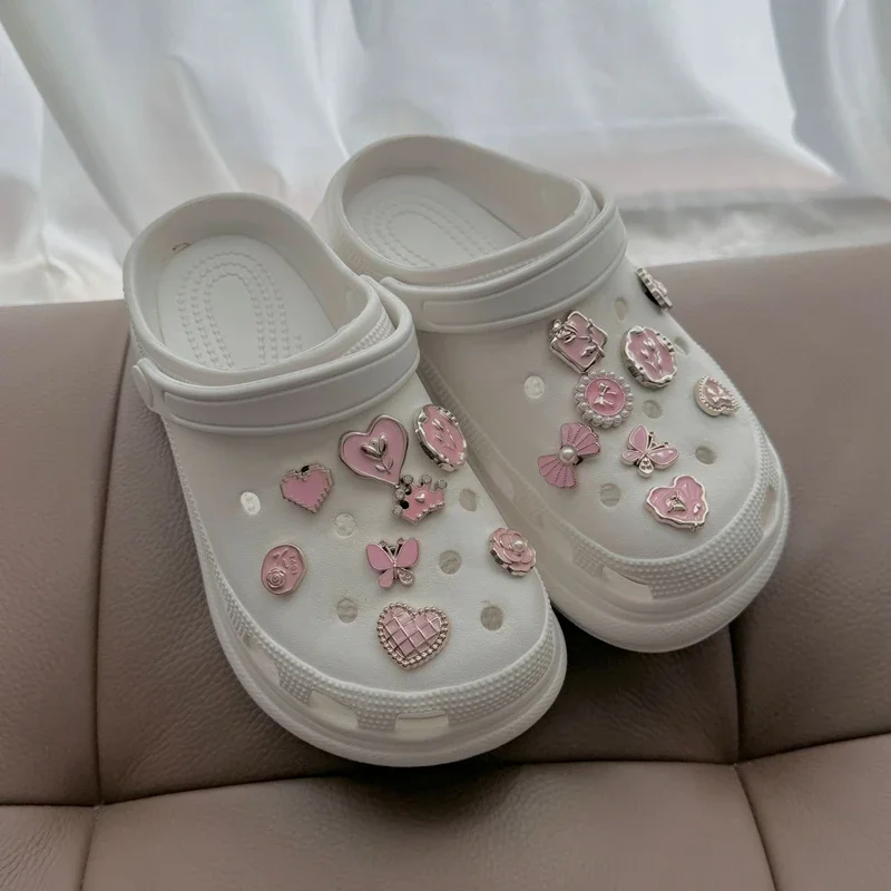 16Pcs Pink Shoe Charms Set Creative DIY Shoe Flower Diamond Butterfly Pearl Flower Detachable Chain buckle Girls Shoe Decoration