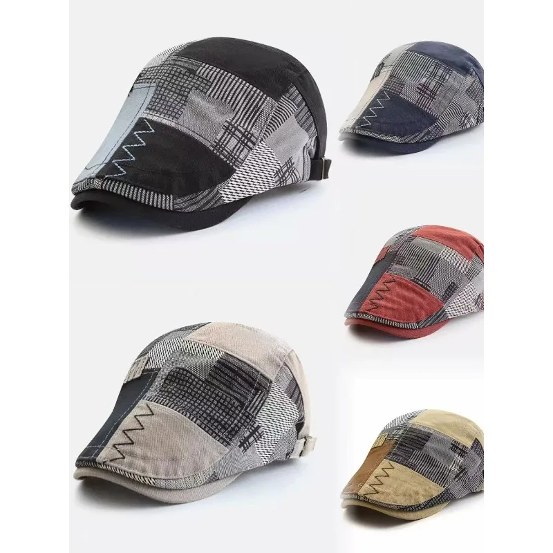 Men's Stylish Retro Splicing Grid Sunshade Anti Roll Hat Forward Cap Trendy Outdoor Fashion Accessory