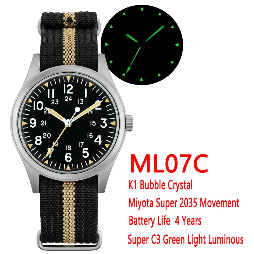 Militado ML07B 36 mm quartz horloge Miyota Super 2035 uurwerk horloges koepelvormig saffierkristal lichtgevende waterdichte horloges