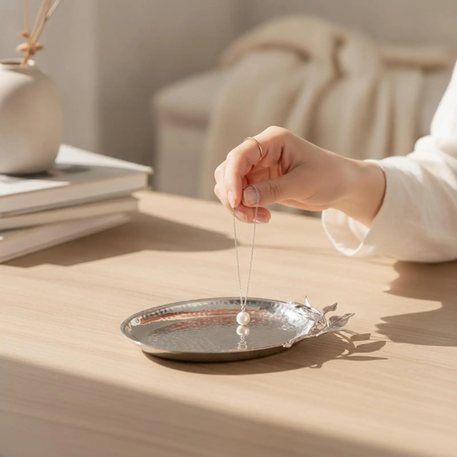 Shiny Copper Elliptical Tray with Dimpled Surface for Entryway Organizing and Candle Display