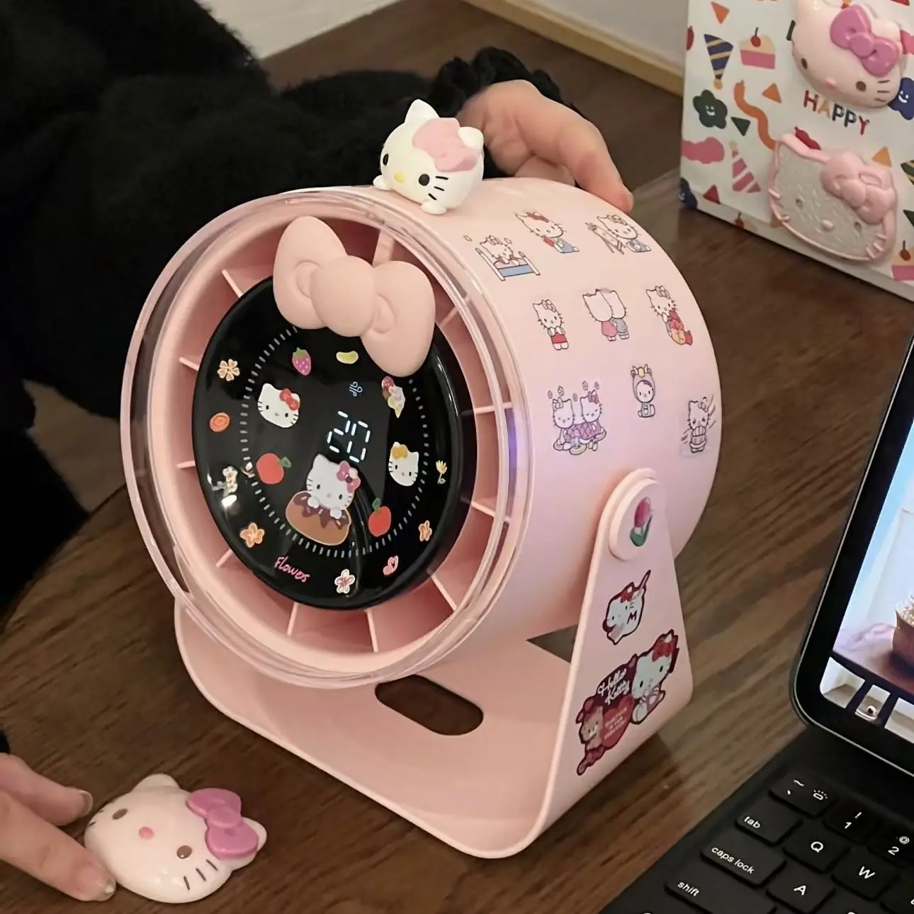 Hello Kitty Sanrio Kuromi Small Fan Desktop Digital Display Small Fan Small USB Mute Office Super Strong Wind Force Girls Gifts