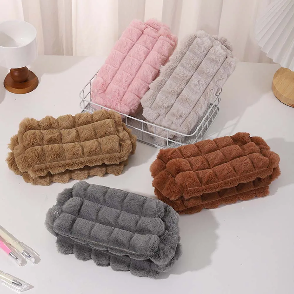 Solid Color Plush Pencil Case Large Capacity Pencil Box Stationery Bag Plush Puff Stationery Organizer Plush Pen Bag Student