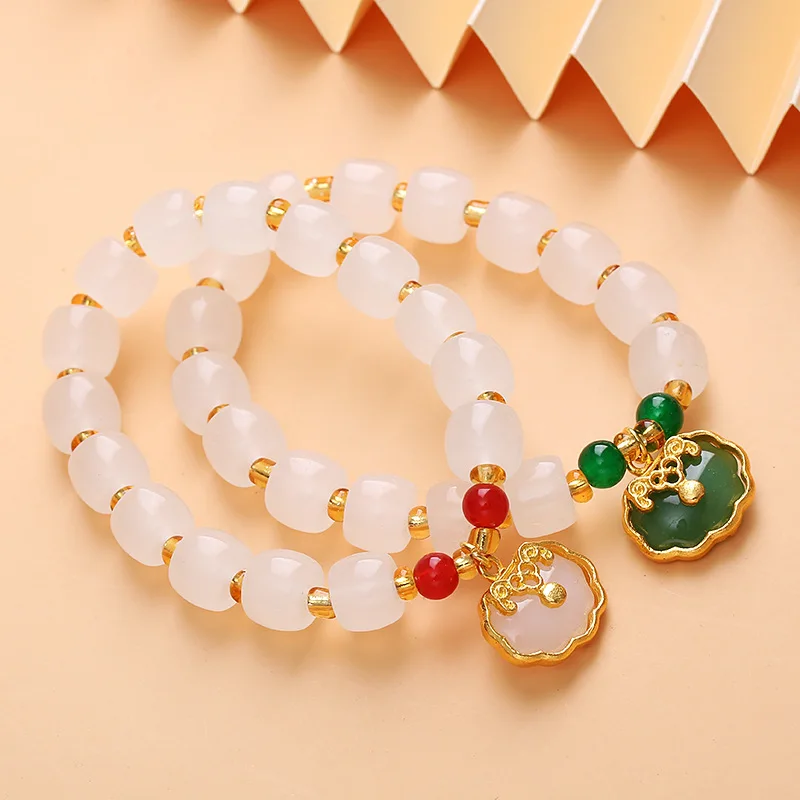 Elegant Natural Hetian Jasper Longevity Lock Bracelet for Women Temperament Cloud Emerald Beaded Bangle Luxury Jewelry Accessory