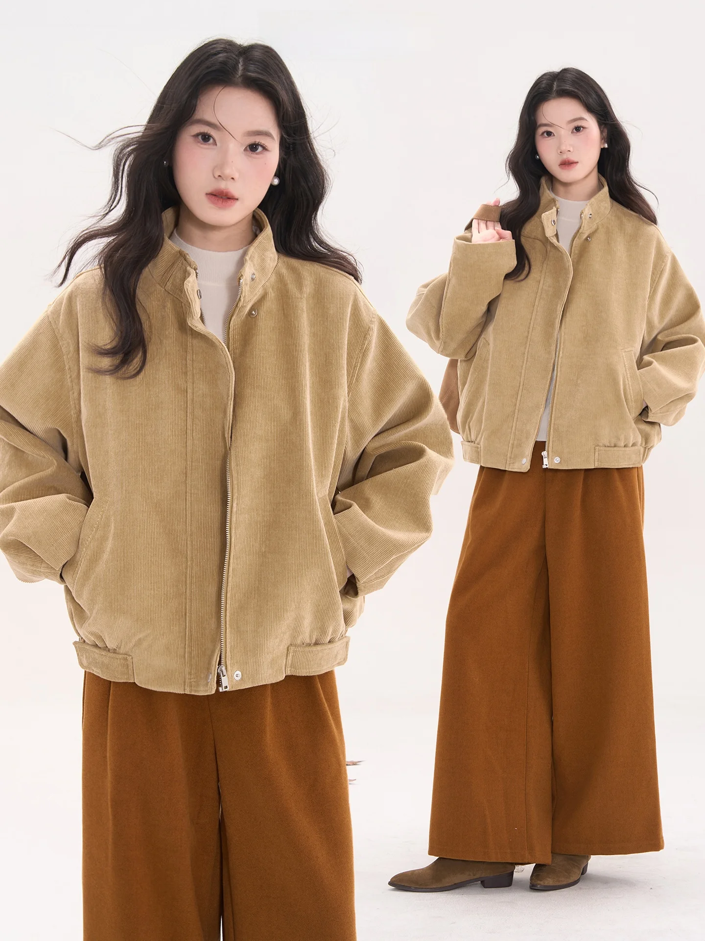 

Chic Korean Sle Women's Corduroy Jaet Autumn Winter Stand Collar Coat Floral Field Window Heme Silent Narrative Cotton Blend