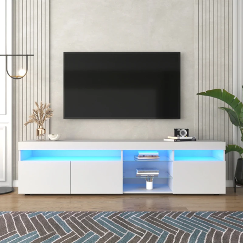 Modern Design TV Stands for TVs up to 80'', LED Light Entertainment Center, Media Console with Multi-Functional Storage, White