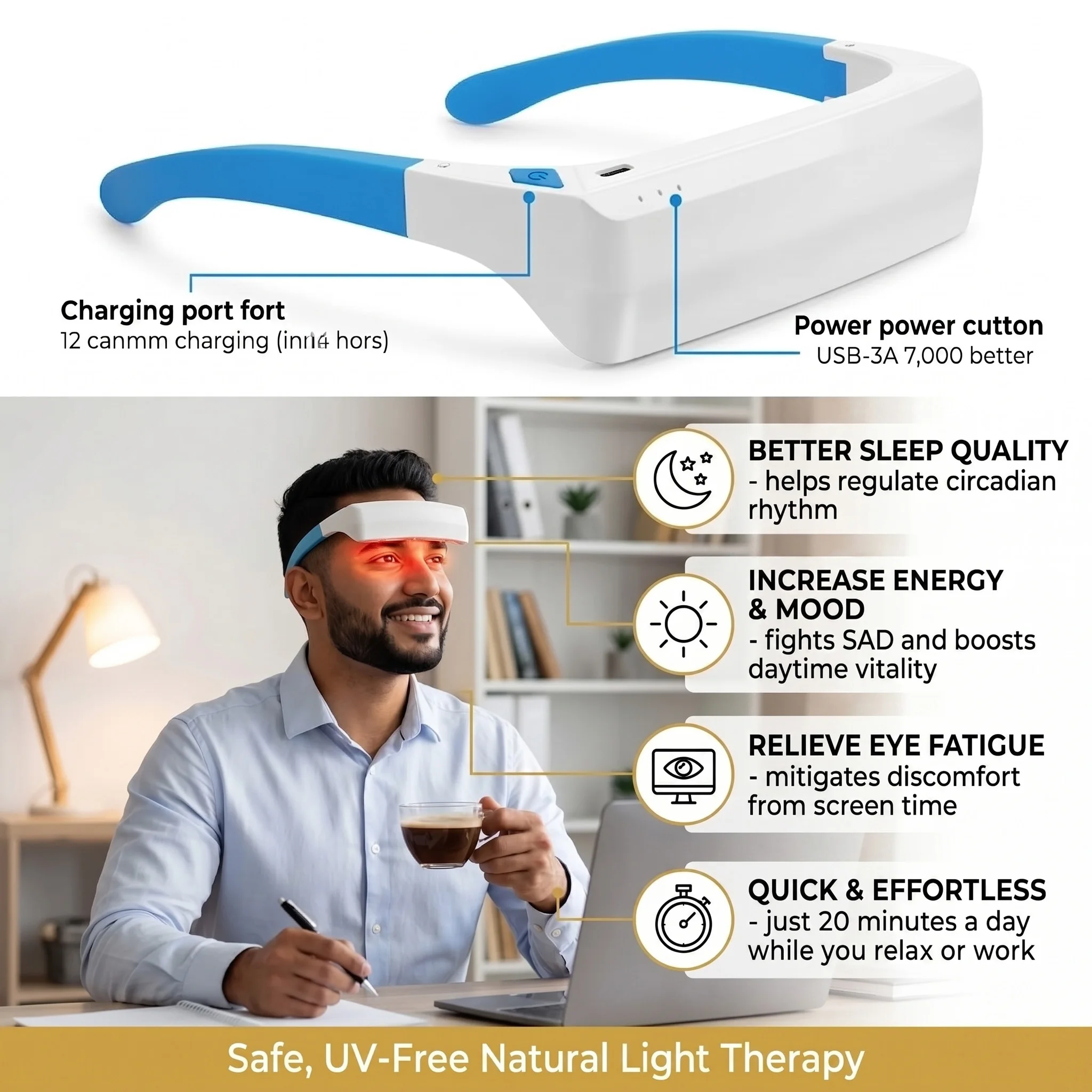 SAD Light Therapy Glasses Wearable Lamp Depression Mood Aid Relief Phototherapy Blue White LED Anti Insomnia Rechargeable Type C