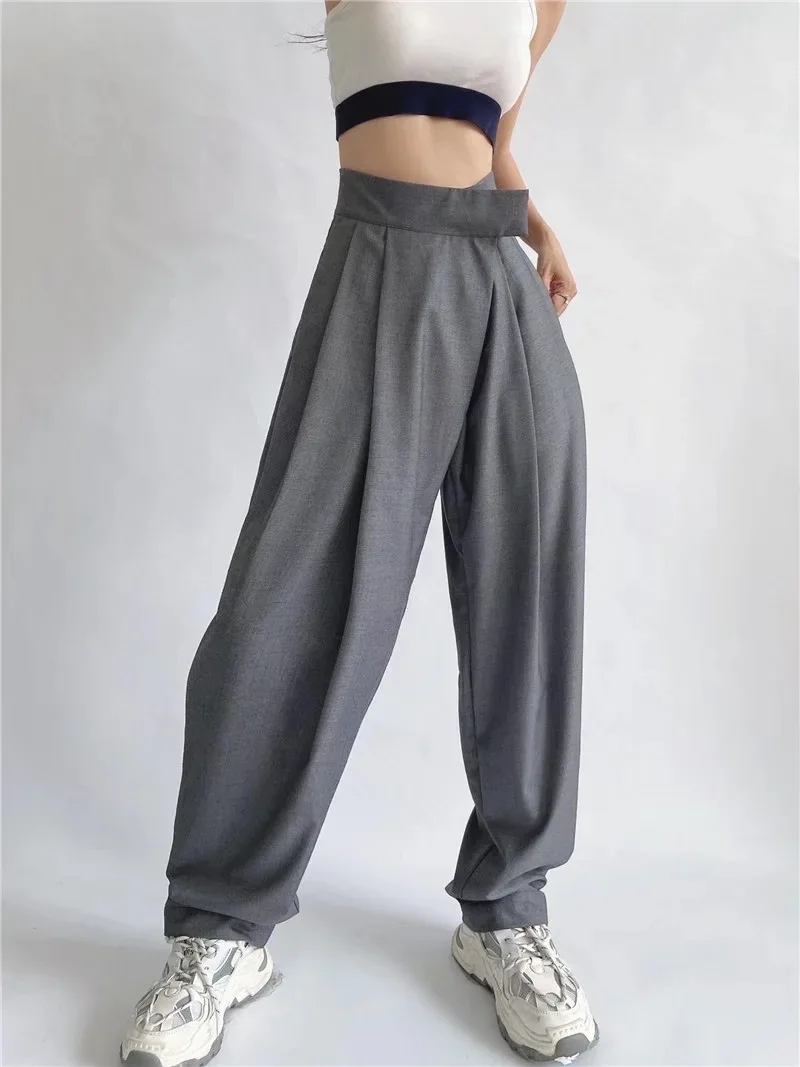 Women Ruched Front Long Loose Korean Trousers Full Length Bottom Gray Black American Retro High Waist Harem Pants