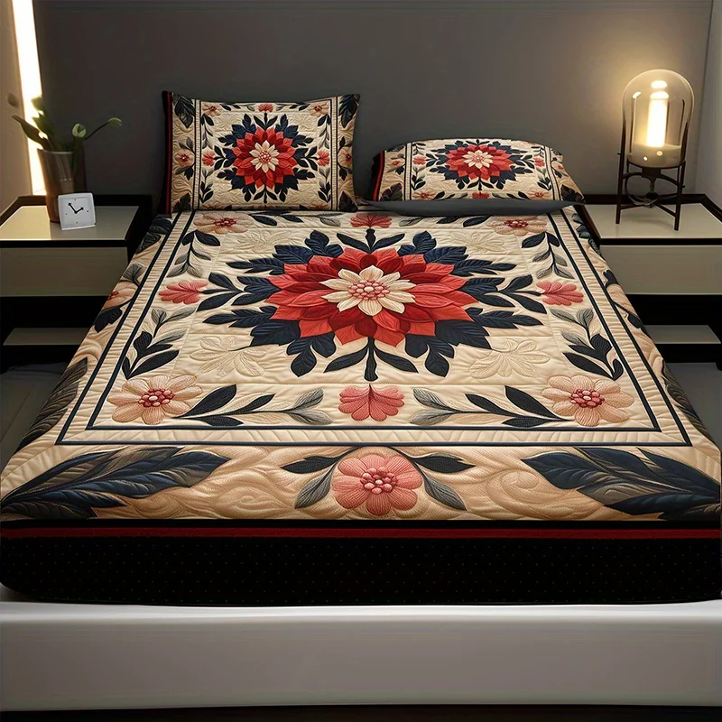 Exquisite Floral Print Fitted Sheet Set with 2 Pillowcases - High-Definition Printed Bed Sheets for Home And Dormitory