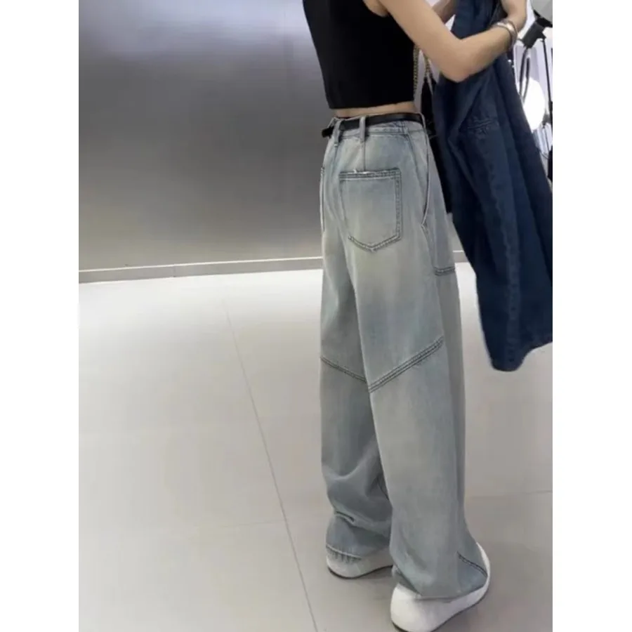 Loose High Waist Denim Jeans American Lazy Loose Feeling Women's plus Size Cover Hip Slimming Wide Leg Pants Blue