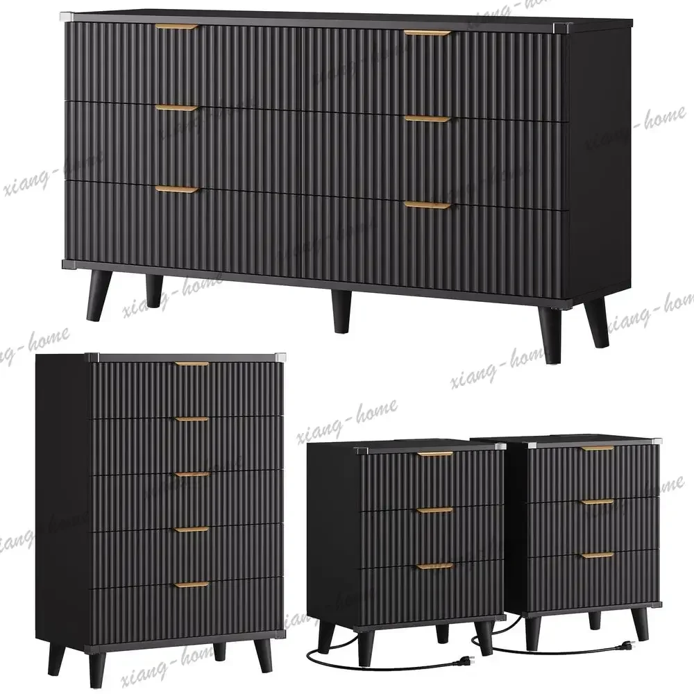 lsModern Dressers and Nightstands Set 4Piece, 6Drawer Dresser 2 Night Stands 5 Drawers with Charging Station Modern Bedroom Sets