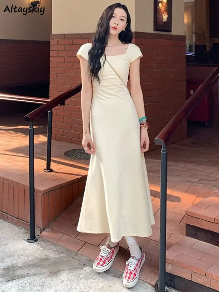 

Mermaid Dresses Women Short-sleeve French Style Midi Slim Temperament Folds Simple Vintage Tender Ulzzang Fashion Summer New Ins