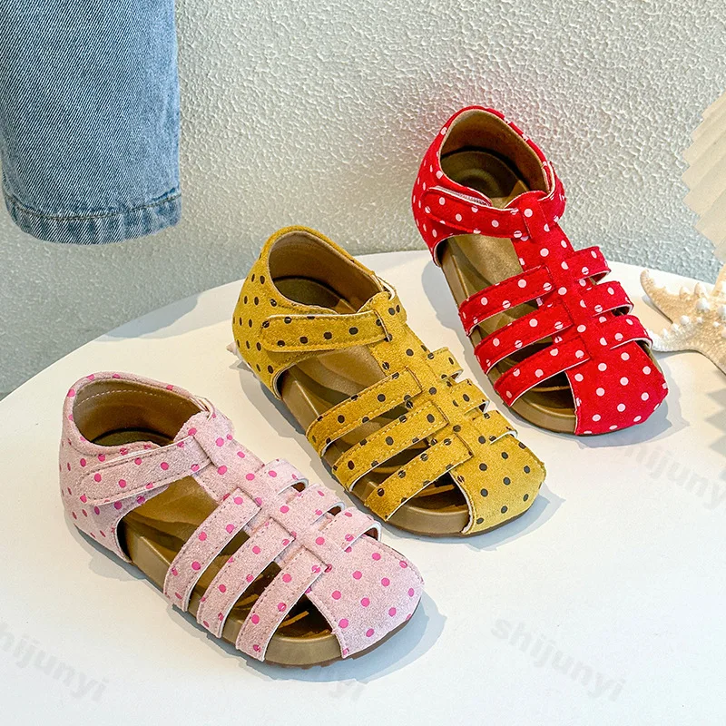 

Girls' Dot Roman Style Sandals 2025 Summer Children's Hollow Breathable Toe Cap Outdoor Beach Shoes Fashion Princess Cool Shoes
