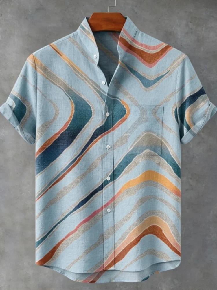 Men's Stand Collar Short Sleeve Shirt Vintage Abstract Geometric Curve Stripe Print Button Up Tunics Summer Beach Vacation Tops