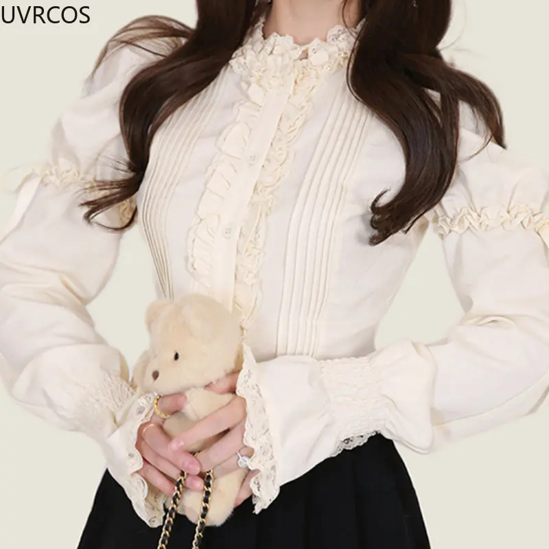 Victorian Elegant Lolita Blouses Women Sweet Lace Ruffles Bandage Puff Long Sleeve Shirts Korean Fashion Slim Vintage Gothic Top