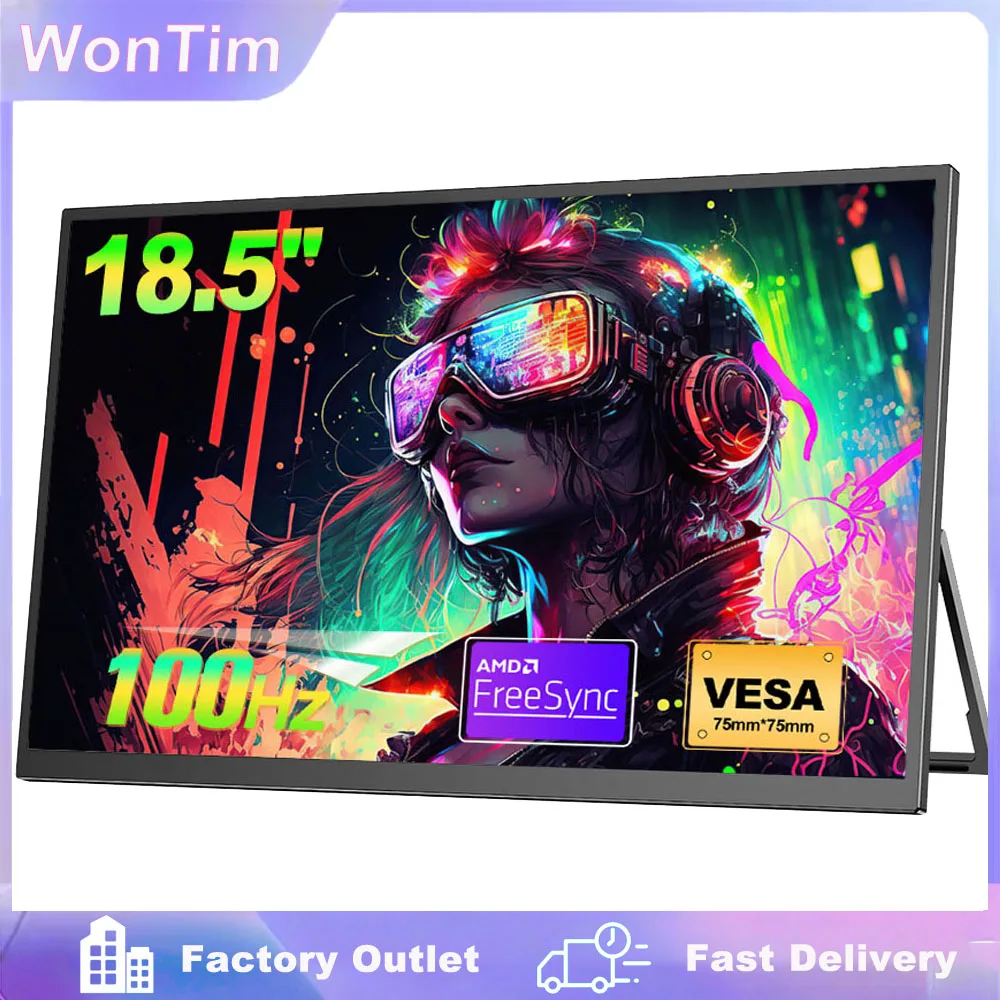 Портативный монитор WonTim 18,5 дюймов, игровой экран 100 Гц, USB-C, 100% sRGB, 350 нит, с подставкой для ПК, ноутбуков, Mac, Xbox, PS5, Switch