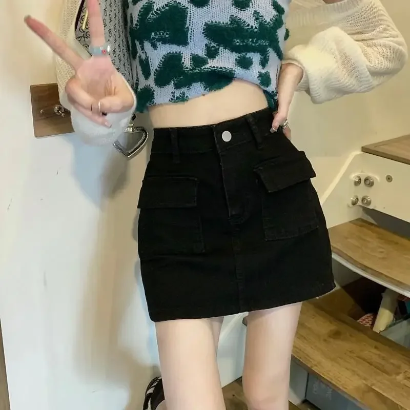 Khaki Denim Cargo Mini Skirt Women 2023 Summer High Waist Bag Hip Skirts Female Sexy Skinny Pocket Anti-Glare Short Skirts