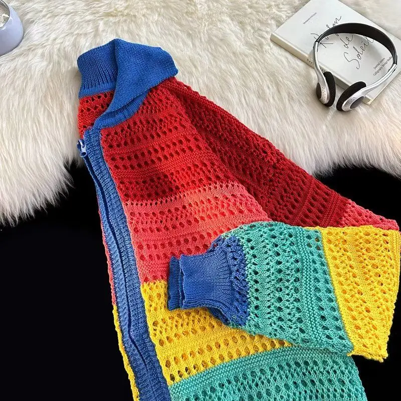 

Весенне-осенний новый вязаный открытый кардиган в радужную полоску, свитер для пары, свободная посадка, повседневная одежда, зимнее пальто