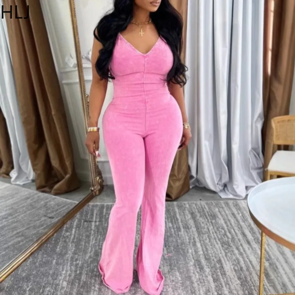 HLJ&GG Sexy Tie-dye Bodycon Jumpsuits Women Spaghetti Strap Deep V Neck Backless Rompers Female Streetwear Overalls Summer New