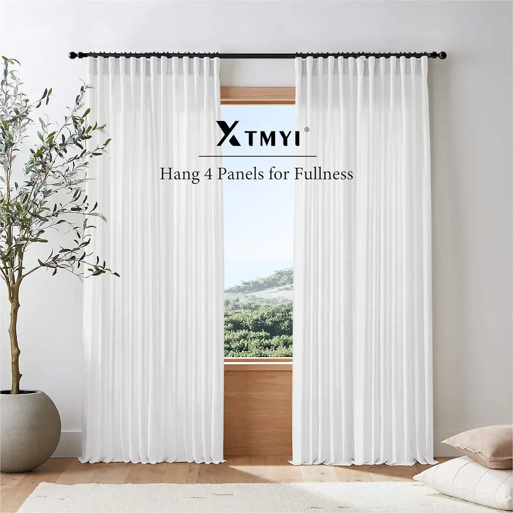 120 Inch Semi-Transparent Linen Cotton Blend Curtains, 2-Panel Set with Clip Rings, XL Rod Pocket, 50x120