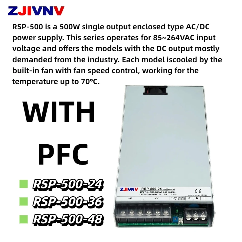 RSP-500 500W Single Output Switching Power Supply 24V 36V 48V Active PFC 85-264V Industrial Power Supply