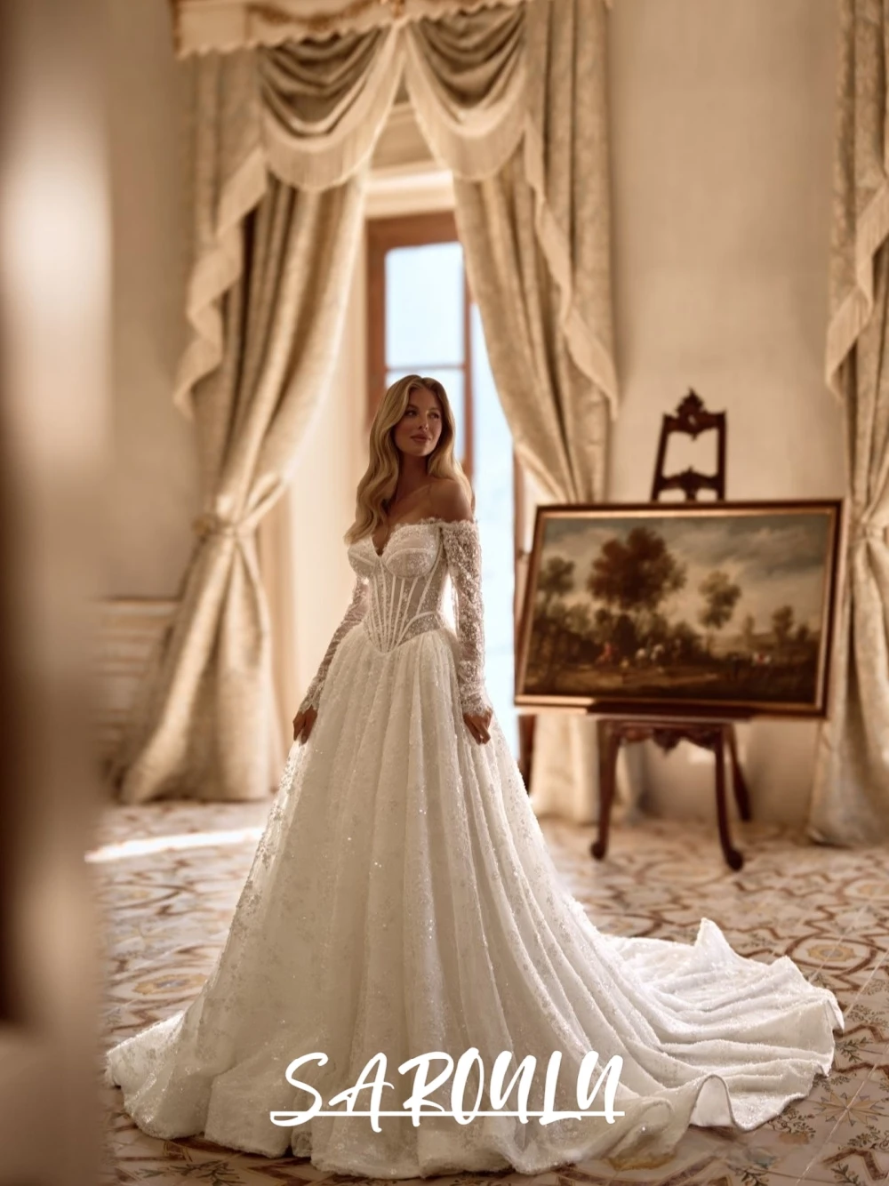 

Princess Off-Shoulder Lace Sequined Wedding Gown Luxe Corset Long Sleeved Bridal Dress With Train For Dreamy Weddings Customized