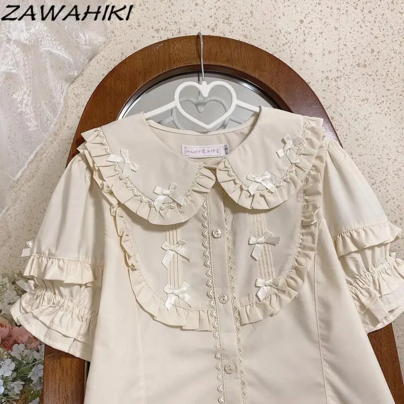 

ZAWAHIKI Shirts for Women Solid Color Breasted Short Puff Sleeve Sweet Y2K Cute All Match Peter Pan Collar Casual Ruffles Tops